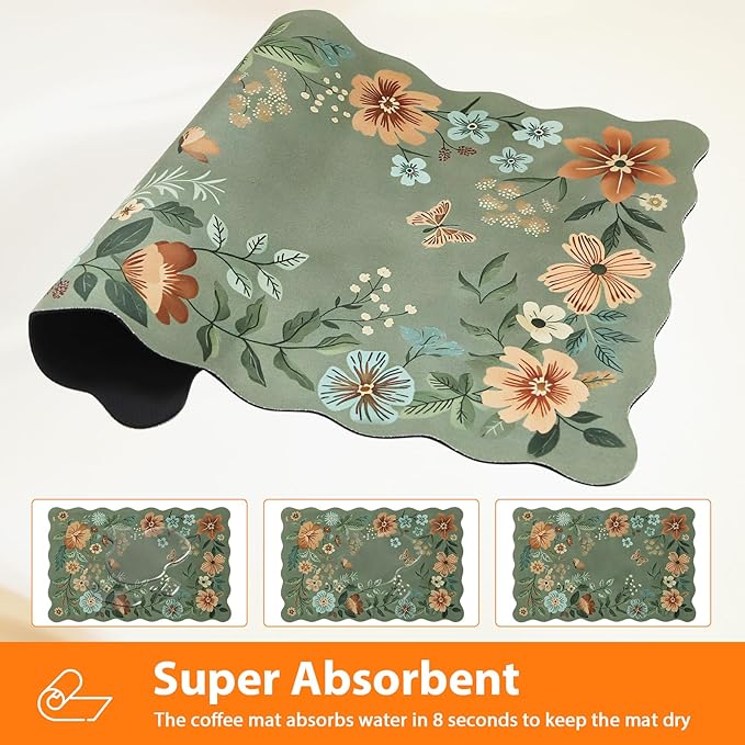 Scalloped Bohemian Boho Floral Flower Coffee Bar Mat Dish Drying Mats for Kitchen Counter, Kitchen Decor, (12"x19", Green 1)