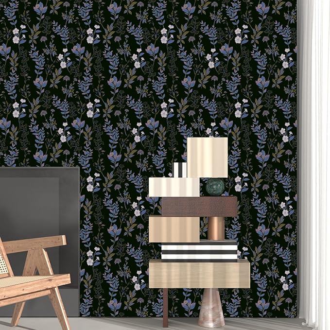 Fvlow Black Blue Floral Wallpaper Peel and Stick Boho Blue Purple Leaf Contact Paper 17.4" X 118" Vintage Wallpaper Waterproof Self-Adhesive Dark Wall Covering for Bedroom Countertop Desk Cabinets