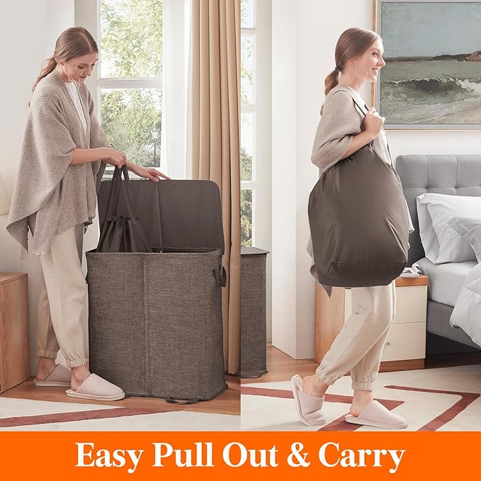 Lifewit Double Laundry Hamper with Lid and Removable Laundry Bags, Large Collapsible 2 Dividers Dirty Clothes Basket with Handles for Bedroom Laundry Room Closet Bathroom College, 136L Brown