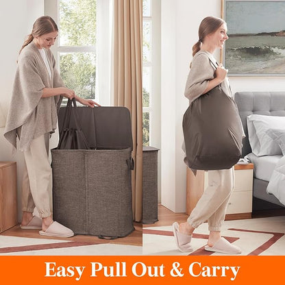 Lifewit Double Laundry Hamper with Lid and Removable Laundry Bags, Large Collapsible 2 Dividers Dirty Clothes Basket with Handles for Bedroom Laundry Room Closet Bathroom College, 136L Brown