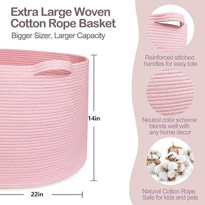 Extra Large Pink Basket, 22"x22"x14" Woven Cotton Rope Bin with Handles, Blanket Storage for Living Room, Baby Kids Toy Storage Bin Box, Wicker Laundry Basket, Pink Room Decor Organizing