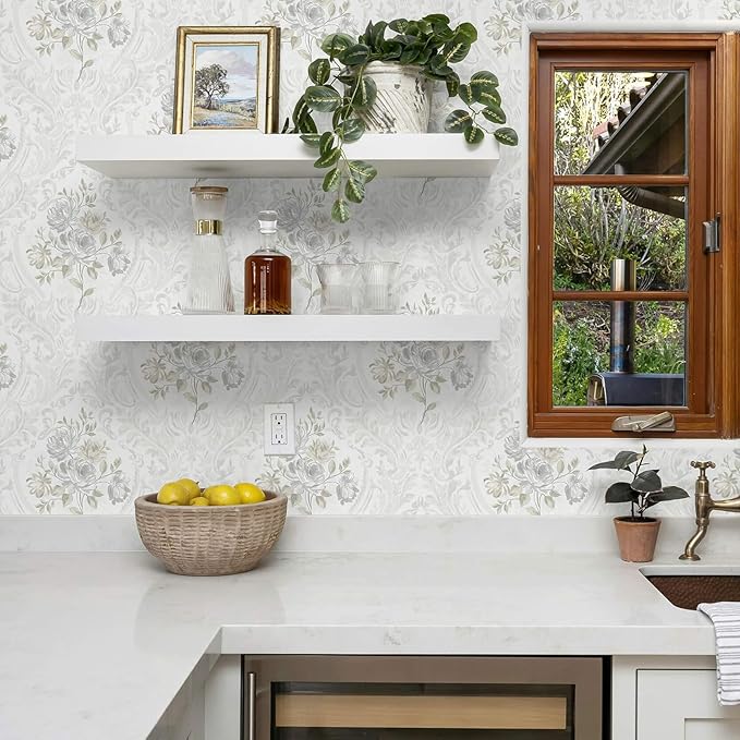 Ismoon Vintage Peel and Stick Wallpaper Floral Contact Paper Boho White and Grey Watercolor Damask Wallpaper Textured Removable Self Adhesive Vinyl Wall Paper for Bedroom, 17.3 in X 16.4ft