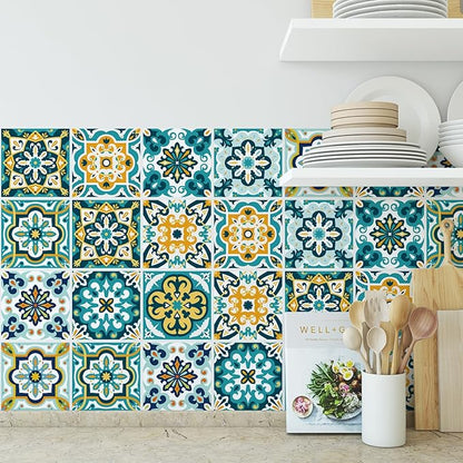 30Pcs Bohemian Self-Adhesive Wall Sticker, Floral Pattern, Peel and Paste, Waterproof Living Room Kitchen Bedroom Wall Sticker, Tile Wall Sticker, Home Wall Decor, 4x4 Inch