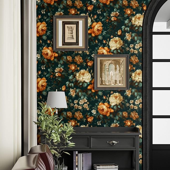 Fvlow Glowing Floral Peel and Stick Wallpaper Vintage Dark Green Wallpaper Vinyl Wrap Kitchen Worktop Covering Self Adhesive Thick Flowers Contact Paper for Cabinets Drawers Sticker Decor 17.4" x 394"