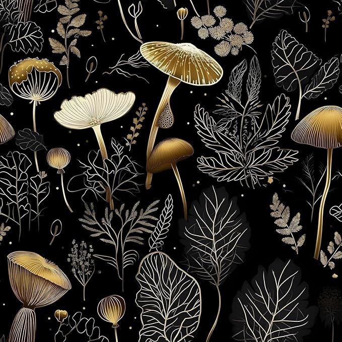 Laatse Boho Wallpaper Peel and Stick Dark Floral Contact Paper 17.5" x 197" Vinyl Self Adhesive Vintage Mushrooms Wall Mural Leaf Wall Paper for Room Countertop Drawer Decor(Golden,Black)