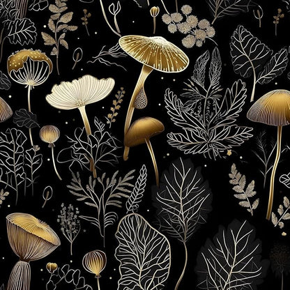 Laatse Boho Wallpaper Peel and Stick Dark Floral Contact Paper 17.5" x 197" Vinyl Self Adhesive Vintage Mushrooms Wall Mural Leaf Wall Paper for Room Countertop Drawer Decor(Golden,Black)
