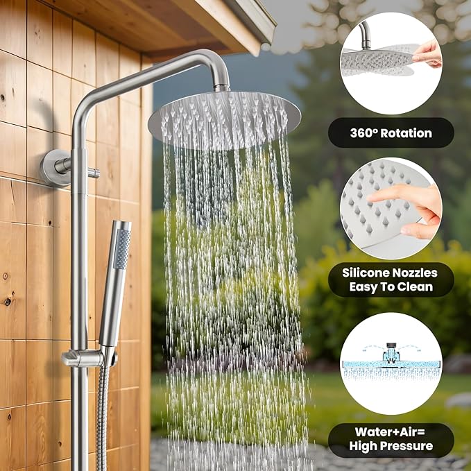 gotonovo Outdoor Shower Fixtures SUS304 Stainless Steel Rain Shower Kit Faucet High Pressure Wall Mount 2 Dual Function 8 Inch Showerhead and Handheld Spray Combo, Single Handle, Brushed Nickel