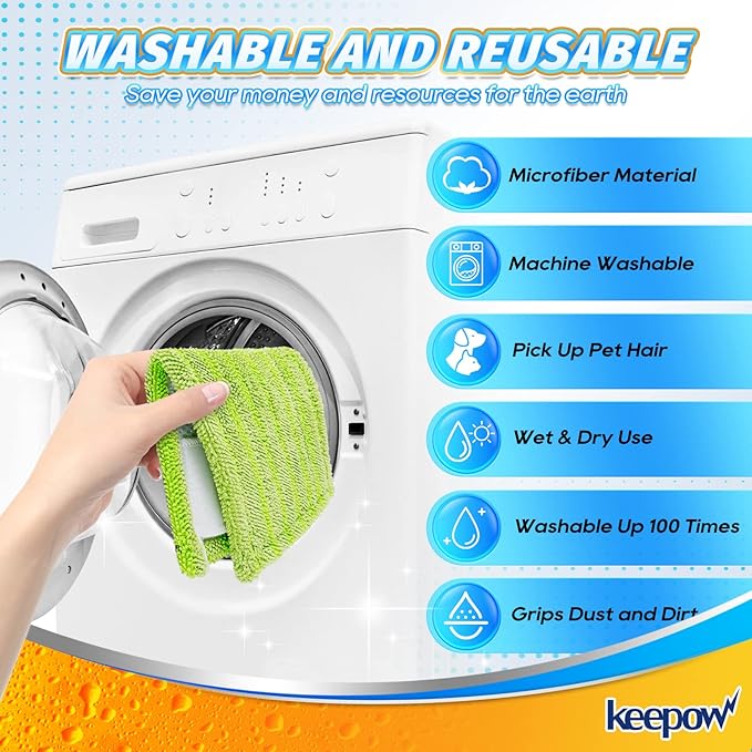 KEEPOW Reusable Mop Pads Compatible with Swiffer Sweeper – Washable Microfiber Floor Cleaning Refills for Wet & Dry Use – 10.6" x 5.1", 4 Pack