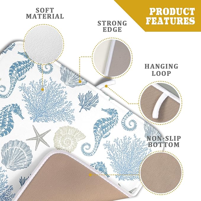 Blue Coral Dish Drying Pad 18 x 24 Inch With Absorbent Reversible Microfiber Coastal Starfish Seashell Summer Drying Mats Dish Drainer Mat Fast Dry For Kitchen Dining Room Decoration