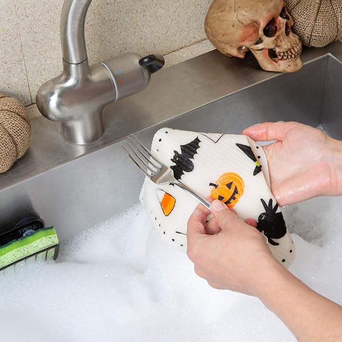 DII Swedish Dishcloths for Kitchen & Cleaning, Reusable, Machine Washable & Dishwasher Safe, Biodegradable, 7.75 x 6.75, Spooky, 3 Piece