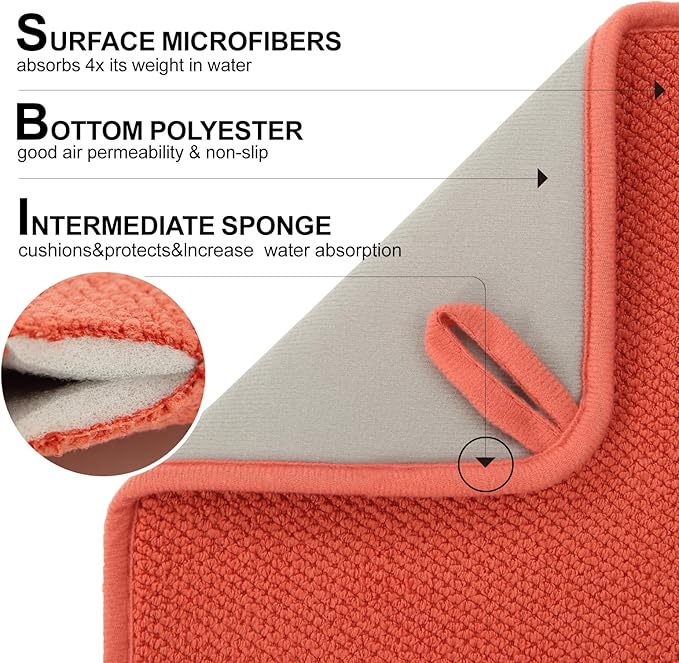 2 Pack Microfiber Dish Drying Mat for Kitchen Counter,Ultra Absorbent Dish Drainer Mat ,Dish Drying Pad , Dish Rack Mat 20×15 Inch (Red)