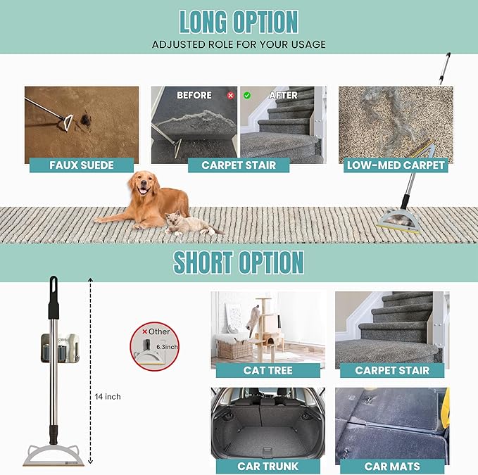 Pet Hair Remover Broom for Low Pile Carpet, Rugs, Stairs – 60" Adjustable Long Handle Carpet Rake for Pet Hair Removal – Includes Wall Clamp – Dog & Cat Hair Removal Tool