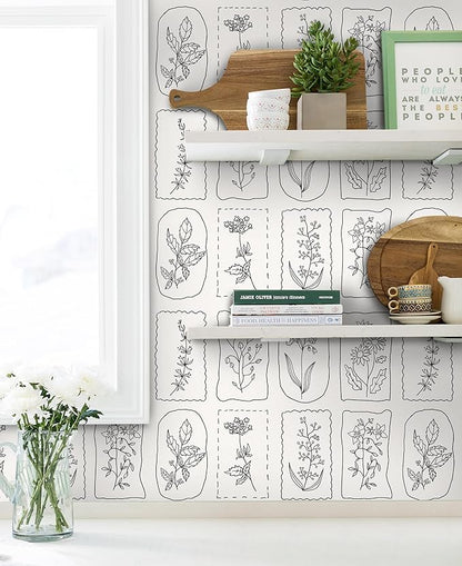 Guvana Peel and Stick Wallpaper Black and White Floral Farmhouse Removable Wallpaper for Bedroom Renter Friendly 16.14"×196" Modern Geometric Contact Paper