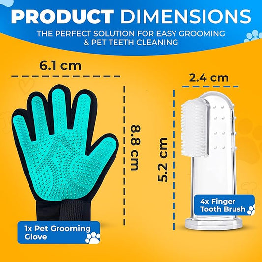 Dog Toothbrush Kit + Pet Hair Removal Glove – 4 Silicone Finger Toothbrushes with Travel Cases – Pet Dental Care & Teeth Cleaning, Plaque & Tartar Control – Dog Grooming Gloves – Free QR eBook