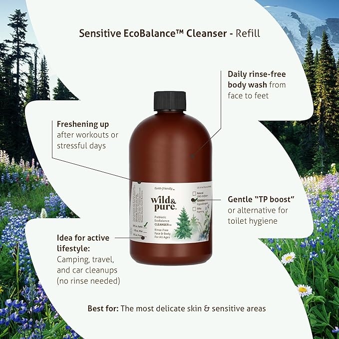 Wild & Pure Sensitive Skin Body Wash Refill (18oz) for Foamers/Spray | Cleanser, Deodorizer, Moisturizer for Face, Hands, Body | pH-Balanced, Microbiome-Friendly | EcoBalance Refillable Skincare