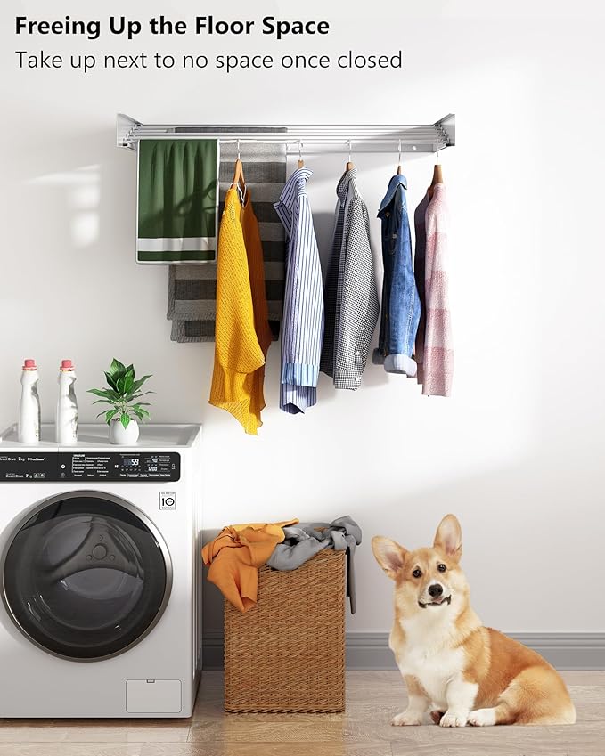 Wall Mounted Drying Rack 31.5", 5 Aluminum Poles, 60 lb. Load Capacity, Foldable, Retractable, Space Saving Clothes Drying Rack (31.5" White)
