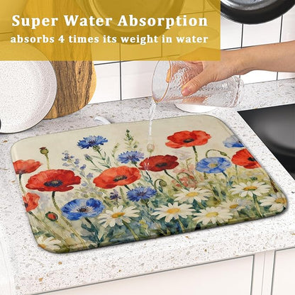 4th of July Dish Drying Mat for Kitchen Counter 16x18 Red Blue White Patriotic Floral Memorial Day Holiday Absorbent Reversible Microfiber Drying Mats Kitchen Countertop Protector Dishes Drainer Pad