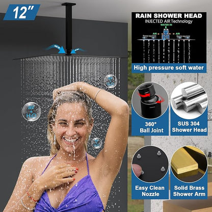 Enga 12 Inch Ceiling Mount Matte Black Shower System with Body Jets Bathroom Luxury Rain Mixer Shower Combo Set Ceiling Rainfall Shower Jets System Faucet Rough-in Valve and Trim Included
