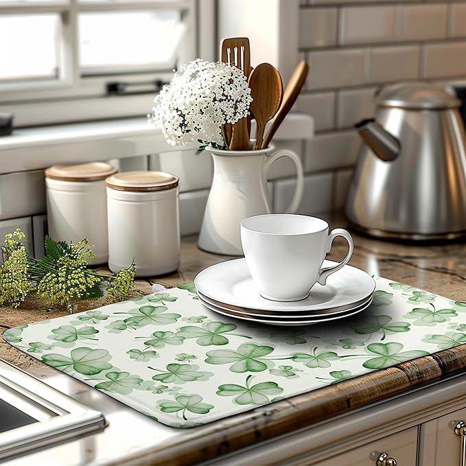 Green Clover Kitchen Drying Mat St Patrick's Day Lucky Shamrock Dish Drying Mats Spring Sage Green Dishes Dry Mat Microfiber Washable Large Dish Pad Super Absorbent Dish Drainer Rack Mat 18x24 Inch