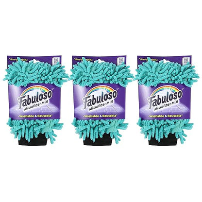 Fabuloso Microfiber Cleaning Mitt Glove, Lint-Free Scratch-Free Dusting and Washing for Furniture, Blinds, Baseboards, Shelves and Car Interior, One Size Fits All, Teal, 3-Pack