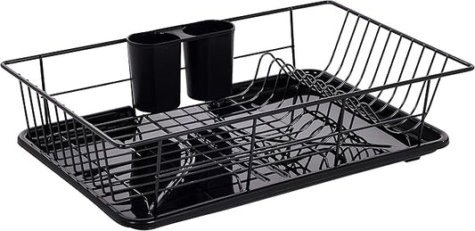 Sweet Home Collection Metal, Plasic ,Dish Drainer Drain Board and Utensil Holder Simple Easy to Use, 12" x 19" x 5", Black