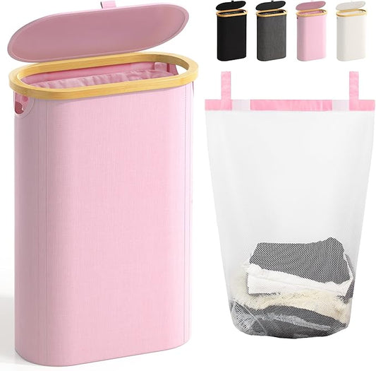 Slim Laundry Hamper with Lid, 60L Small Laundry Basket with Handles&Removable Bag, Thin Dirty Clothes Hampers for Laundry, Narrow Laundry Hampers for Bedroom Aesthetic, Pink