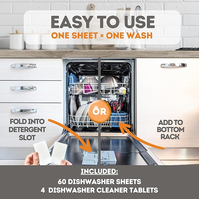 Dishwasher Detergent Sheets & Dishwasher Cleaner Tablets, Concentrated Dish Washing Liquid, Dishwasher Cleaner & Deodorizer, 60 Sheets & 4 Tablets, Septic Safe, Dishwasher or Sink