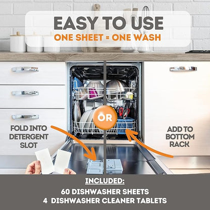 Dishwasher Detergent Sheets & Dishwasher Cleaner Tablets, Concentrated Dish Washing Liquid, Dishwasher Cleaner & Deodorizer, 60 Sheets & 4 Tablets, Septic Safe, Dishwasher or Sink