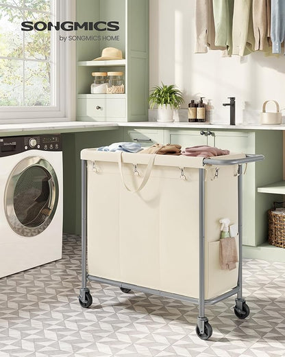 SONGMICS Laundry Basket with Wheels, 3-Section Rolling Laundry Hamper, 52.8 Gallons (200 L), Removable Liner, Steel Frame with Handle, 35.8 x 15.4 x 31.9 Inches, Cream White URLS005W01
