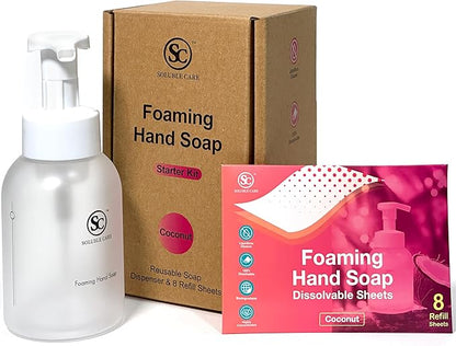 Foaming Hand Soap Dissolvable Sheet Starter Kit | Includes 8 oz. Foaming Dispenser & 4 Full Bottle Refills - Sustainable, Earth-Friendly Cleaning Solution - Coconut Scent