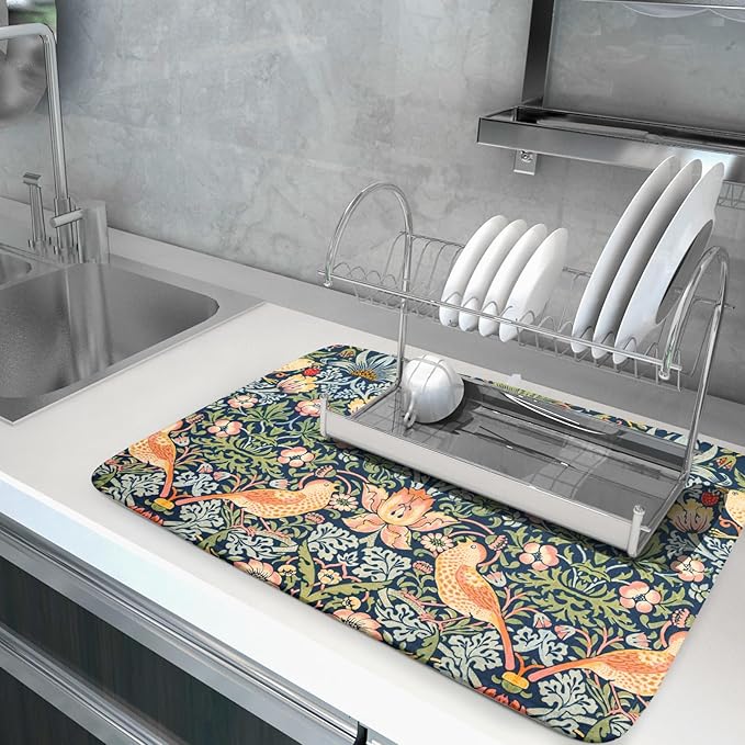 Navy Blue Sage Green Chinoiserie Dish Drying Pad 18 x 24 Inch With Absorbent Reversible Microfiber Vintage Strawberry Floral Bird Drying Mats Dish Drainer Mat Fast Dry For Kitchen
