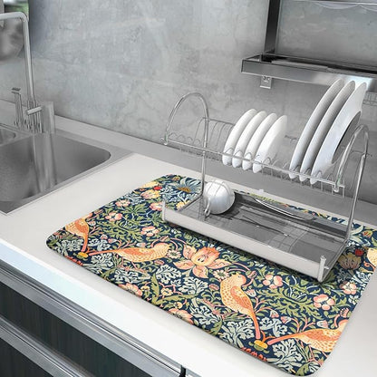 KSLIDS Strawberry Blue Green Pimpernel Dish Drying Mat Chinoiserie Floral Bird Colorful Microfiber Absorbent Drying Mats Reversible Kitchen Countertop Protector Dishes Drainer Rack Pad 18x24 Inch