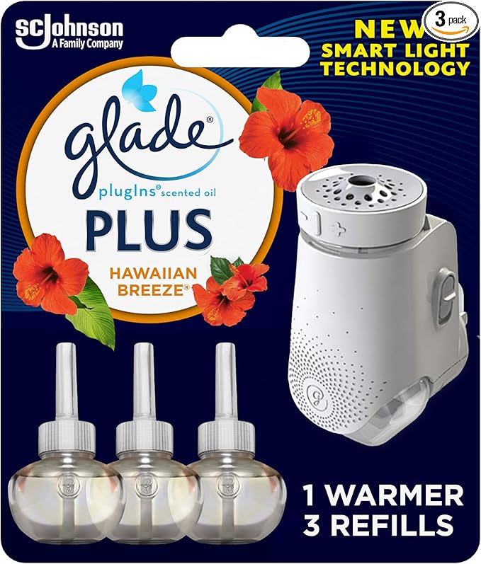 Glade PlugIns Plus Refills Air Freshener Starter Kit, Hawaiian Breeze, Scented and Essential Oils for Home and Bathroom, 0.67 Fl Oz, 1 Warmer + 3 Refills