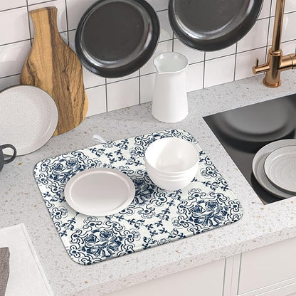Bohemian Grey Retro Dish Drying Mat for Kitchen Counter,Boho Abstract Flower Art Drying Mat 16 x 18 Inch Microfiber Dish Drying Pad Dish Rack Pad Drainer Mat for Coffee Bar