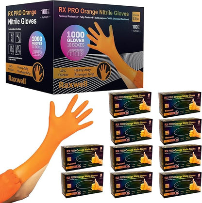 Raxwell Orange Nitrile Gloves 8.5 Mil - Powder-Free Puncture-Resistant Protection - Diamond-Texture Work Gloves with Grip