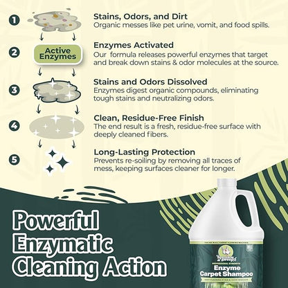 Sprinkle & Sweep: Enzyme Carpet Shampoo - 1 Gal, Deep Cleaning Pet Stain & Odor Remover, Dog Cat Mess-Urine-Accident Solution, All Machine Compatible