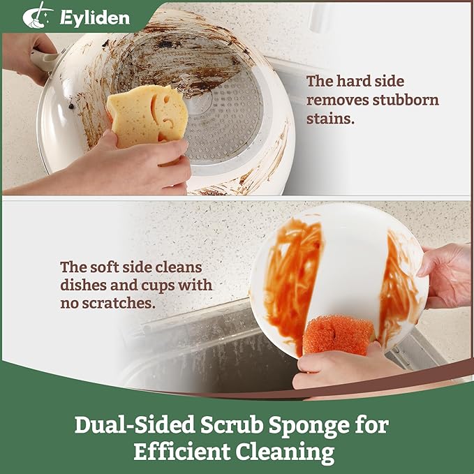 Eyliden 6 Pack Scrub Sponge - Dual-Sided, Smart-Temp Firmness, Dish Scrubber, Non-Scratch, Multi-Surface Safe Cleaning Sponges for Kitchen, Bathroom, Dish Scrubbing