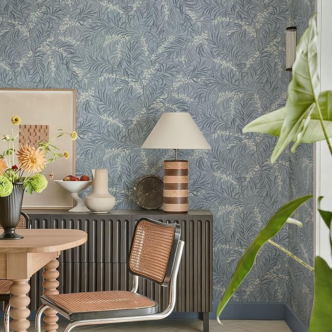 Ismoon Vintage Wallpaper Peel and Stick Dusty Blue Botanical Wallpaper 17.3in x6.56ft Leaf Removable Waterproof Blue/White Contact Paper for Bedroom Kitchen Renter Friendly Wall Decor Vinyl