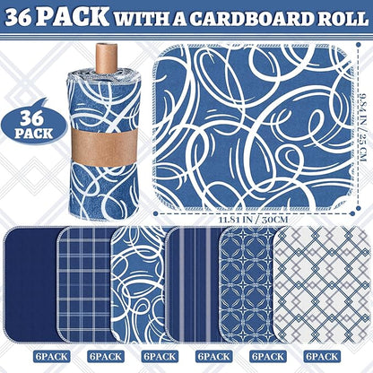 36 Pack Geometric Vintage Reusable Cleaning Cloths Washable Cotton Kitchen Towels for Home (Blue)