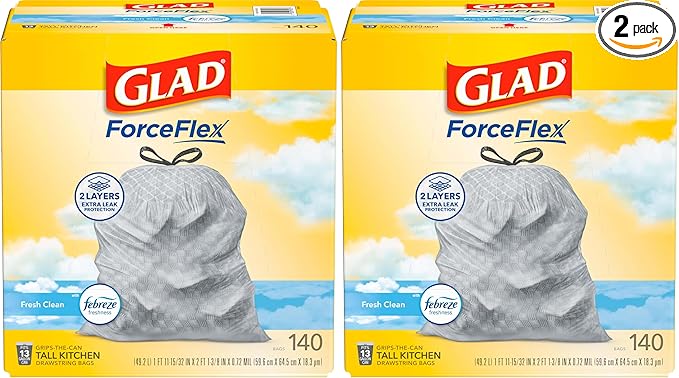 Glad ForceFlex Tall Kitchen Trash Bags, 13 Gallon, Fresh Clean, (Package May Vary),140 Count (Pack of 2)