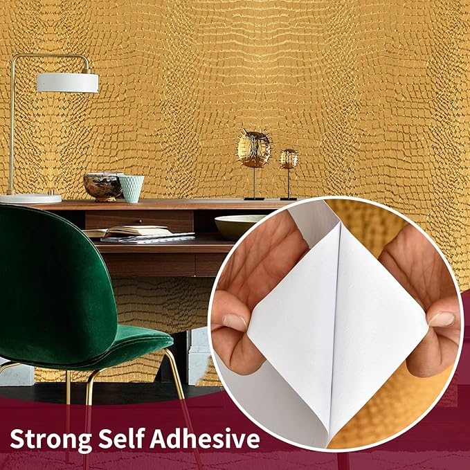 Peel and Stick Wallpaper - Gold Crocodile, 15.7" X 118", Removable, Easy Peel Off, Renter Friendly Textured Wallpaper