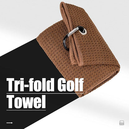 Mile High Life Tri-fold Golf Towel | 16" X 24" | Premium Microfiber Fabric | Waffle Pattern | with Heavy Duty Carabiner Clip | for Men and Women (2 Pack Brown)
