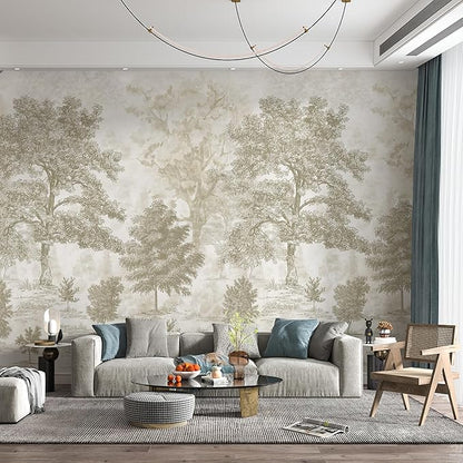 Zeeko Vintage Forest Wall Murals Peel and Stick 177" W x 110" H Beige Tree Wallpaper Self-Adhesive Large Nature Landscapes Murals Canvas Wall Decor for Bedroom Bathroom
