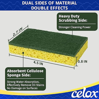 CELOX Sponges Kitchen Sponges for Dishes and Cleaning, 2-Sided Scrub Sponges Dish Sponge and Kitchen Sponge for Washing Dishes, Heavy Duty, Non-Scratch, Sinks, Household Use, Green and Yellow, 12-Pack