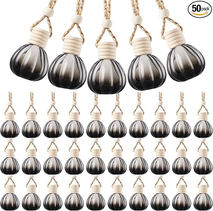 BBTO 50 Pcs Hanging Car Air Freshener Black Car Diffuser Bottles Empty Glass Perfume Bottle Freshener Diffuser Bottle Pendant for Essential Oil Fragrance Aromatherapy Bottles Ornament(Pumpkin)