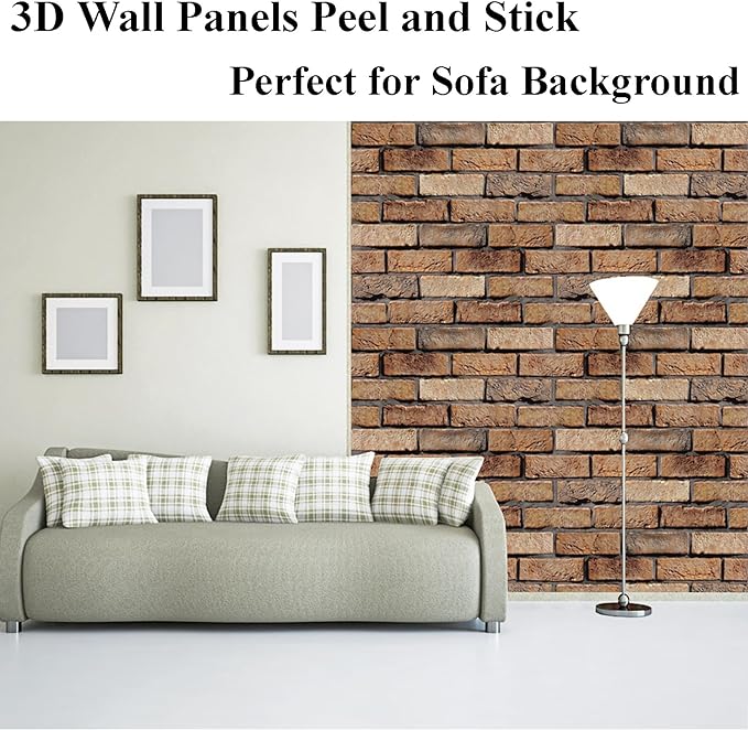 3D Wall Panels Peel and Stick - 10 Pack Brick Textured PVC Panels, Waterproof Self-Adhesive Wall Tiles for Accent Walls, Kitchen, Bathroom, Bedroom & Office Decor (Large Brown Brick)