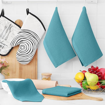 Homaxy 100% Cotton Waffle Weave Kitchen Dish Cloths, Ultra Soft Absorbent Quick Drying Dish Towels, 12 x 12 Inches, 8-Pack, Lake Blue