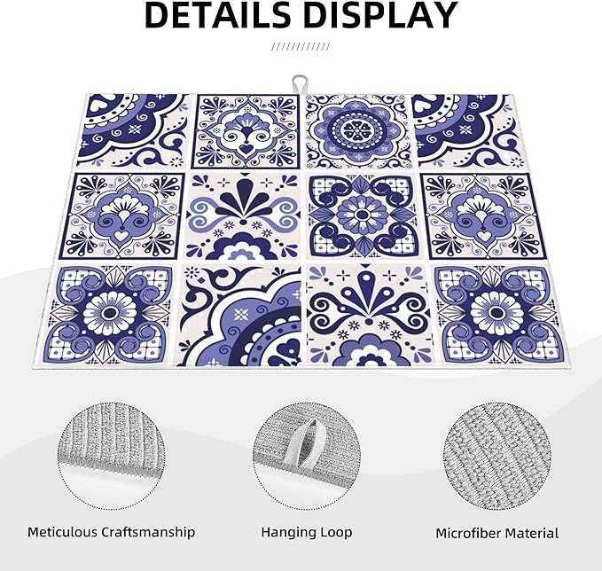 Talavera Mexican Tiles Dish Drying Mats for Kitchen Counter, Absorbent Reversible Microfiber Dish Drying Pad, Multi-Use Large Drying Mat Coffee Bar Accessories 18"x24"