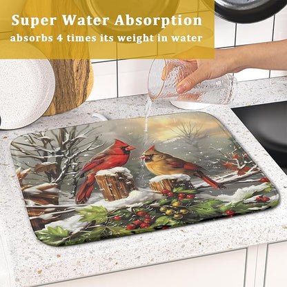 Winter Dish Drying Mat for Kitchen Counter 16x18 Inch Red Birds Cardinal Tree Christmas Theme Print Absorbent Reversible Microfiber Drying Mats Kitchen Countertop Protector Dishes Drainer Rack Pad