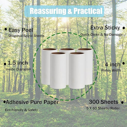 Lint Roller Refills 4 inch,Extra Sticky Lint Roller Replacement Refills Only, Inside Diameter 1.5 inch, 60 Sheets per Roll (Pack of 5, Total 300 Sheets, 4 inch)